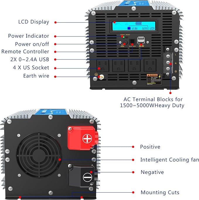 5000Watt Power Inverter ETL UL458 Listed Inverter 5000 W Converts 12V to 120 Vac with 40 Amps Hardwire Terminal and 4 AC Sockets Plus 30FT Wired Remote for Off Grid Solar System Truck RVs Emergency
