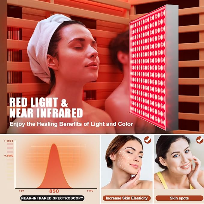 MEISSALIVVE Full Spectrum Sauna for Home, 2 Person Indoor Infrared Sauna Room with 10 Minutes Warm-up Heate, Canadian Hemlock Wood Home Infrared Sauna with Bluetooth and Tempered Glass