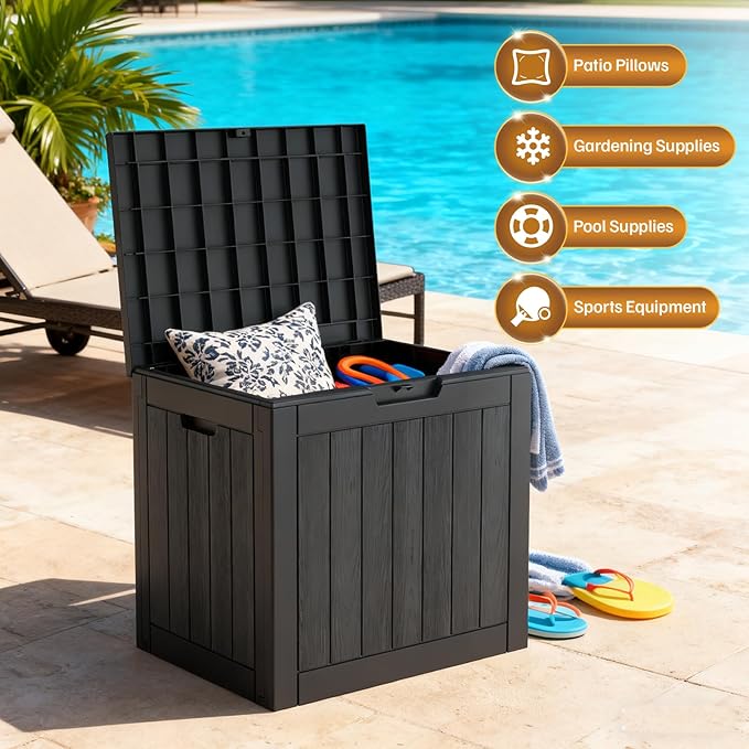 31 Gallon Deck Box, Small Outdoor Storage Box Waterproof, Outside Resin Storage Bin for Outdoor Patio Furniture Pillow, Pool Supply, Garden Tool, UV-Resistant and Weatherproof, Black