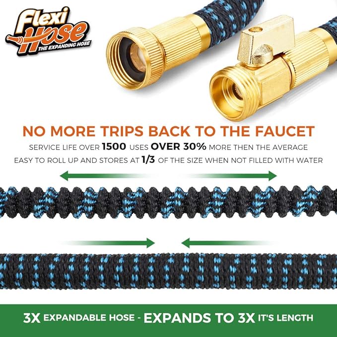 Flexi Hose Expandable Garden Hose with 8 Function Nozzle, 25FT - Lightweight Retractable Garden Hose, Water Hose - No-Kink Flexibility, 3/4 Inch Solid Brass Fittings and Double Latex Core