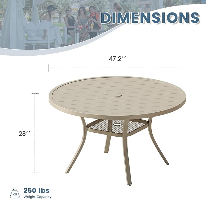 DIFY 48" Round Patio Dining Table for 6, Outdoor Metal Dining Table with 1.57" Umbrella Hole for Backyard Lawn Garden, Sandshell