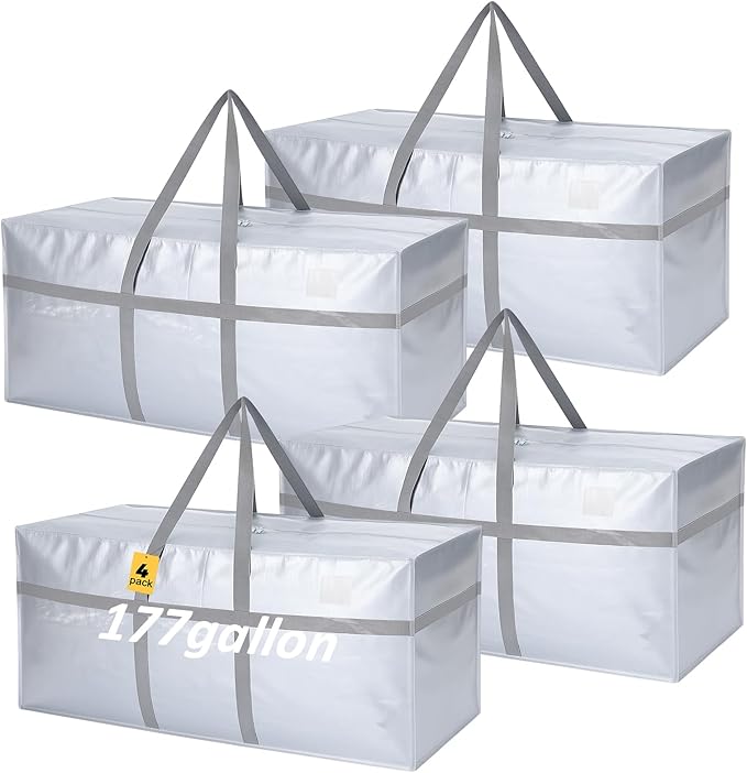 Windyun 4 Pack 177 Gallon Extra Large Storage Bags XXL Moving Bags with Zipper Handles Heavy Duty Jumbo Big Tote Box for Christmas Tree Storage 4, 5, 7.5, 9, 10, 12 ft Skeleton College Dorm(Silver)