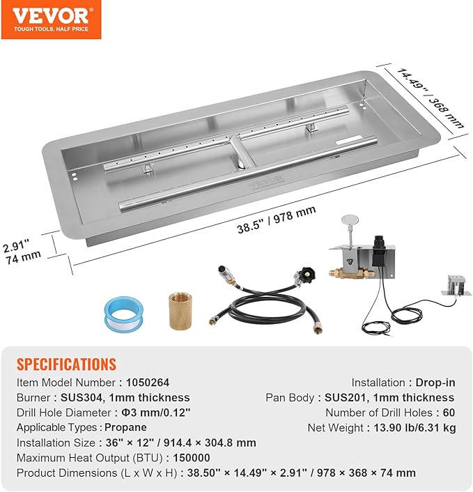 VEVOR 36 x 12 inch Drop-in Fire Pit Pan, Rectangular Stainless Steel Fire Pit Burner Kit, Propane Fire Pan 150,000 BTU with H-Burner for Indoor or Outdoor Use