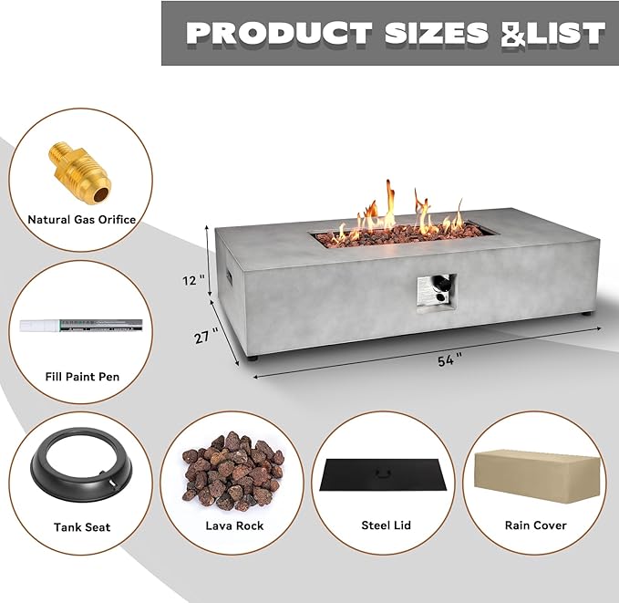 54" Outdoor Propane Fire Pit Table Set, 50,000 BTU Rectangle Concrete Gas Fire Pit Coffee Table W Auto-Ignition, Stainless Steel Burner, Lava Rocks, and Rain Cover for Patio, Backyard, Garden, Porch