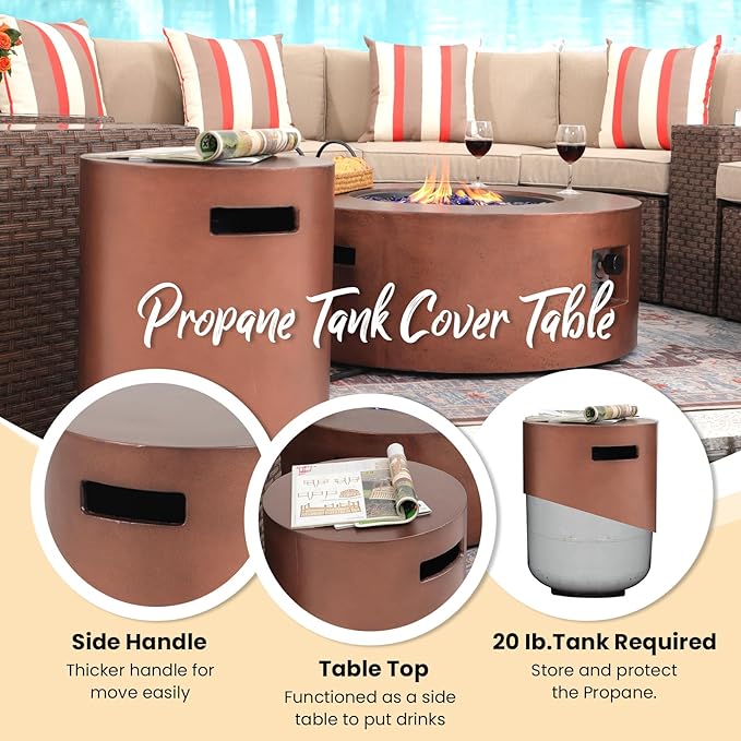 SUNSITT Outdoor 36" Propane Fire Pit with Tank Table 50,000 BTU Round Patio Propane Firepit Table with Tank Holder, Pit Cover, Metal Lid & Fire Glass, Bronze