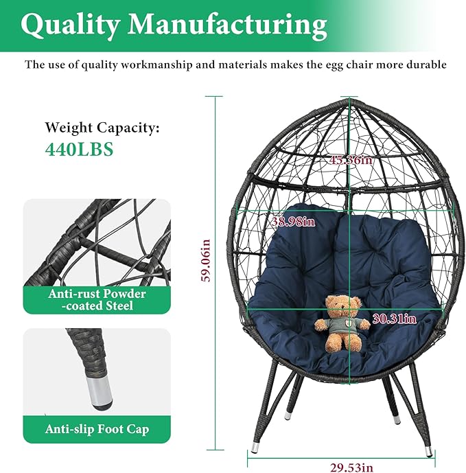 Outdoor Egg Chair, Part of Patio Conversation Set, All-Weather Wicker Lounge Chair with Thick Cushions, Single Seat for Balcony, Garden, Porch, Blue