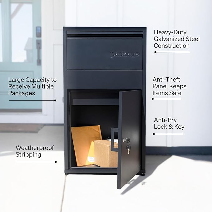 Adoorn Package Delivery Boxes for Outside, Large 36 x 20.5 x 15 (HxWxD) Security Package Box, Free Standing Anti-Theft Parcel Drop Box - Black