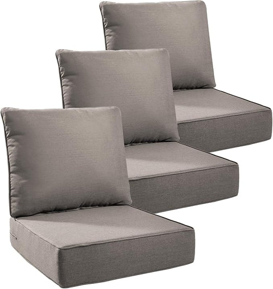 6" Thick Outdoor Cushions 24x24x6, 3-Set Deep Seat Patio Cushions with Removable Cover, Waterproof & Fade Resistant Replacement for Wicker Chair, Loveseat, Sofa - Grey