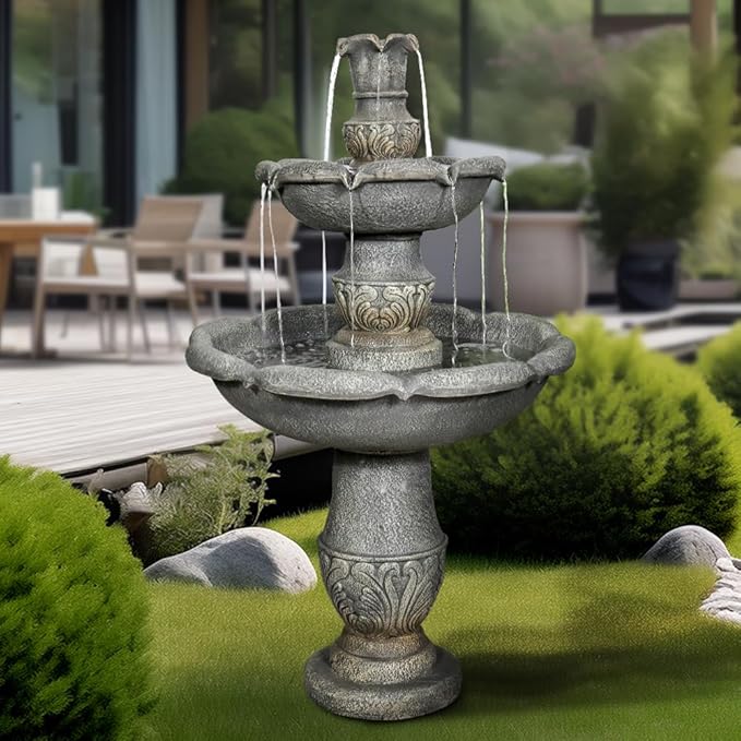 ourrco Garden Rustic Outdoor Floor 2-Tier Water Fountains 48.4" H Classical Flowerpot Shape Top Concrete Fountain and Waterfalls for Outdoor, Garden, Backyard, Porch, Deck, Patio