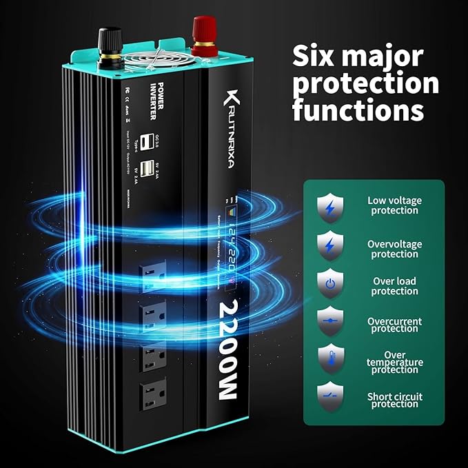 Power Inverters 500W 12V DC to 110V AC Converter for Vehicles USB-C/PD 25W Fast Charging Ports Car Charger Adapter with a Cigarette Lighter Ports Plug Outlet(Modified sine wave-2200W)