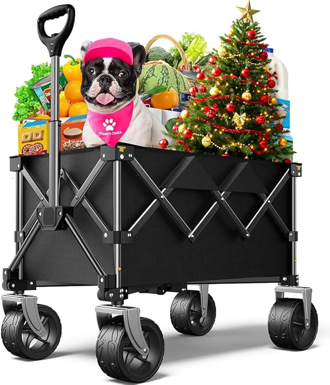 Collapsible Folding Wagon Cart with Large Wheels & 150L Capacity | Heavy-Duty Foldable Utility Wagon for Groceries, Camping, Beach, Sports & Garden Use | Compact Storage, No-Tool Setup-Black