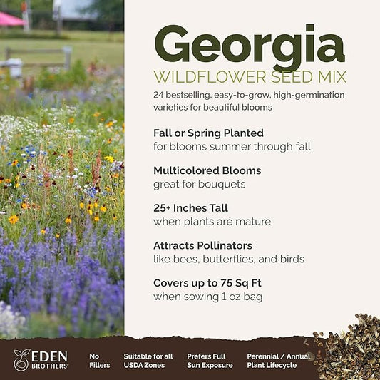 Eden Brothers Georgia Wildflower Mixed Seeds for Planting, 1 oz, 30,000+ Seeds with Cornflower, Cosmos, African Daisy | Attracts Pollinators, Plant in Spring or Fall, Zones 3, 4, 5, 6, 7, 8, 9, 10
