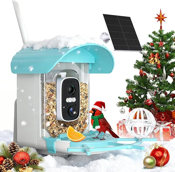 Voxblend Bird Feeder with Camera 3W Solar Powered Panel: Smart Bird Feeder for Outdoors with AI Birds Identify Auto Capture, 2K Live Video, Instant Arrival Alert, Ideal Gift for Parents (Blue)