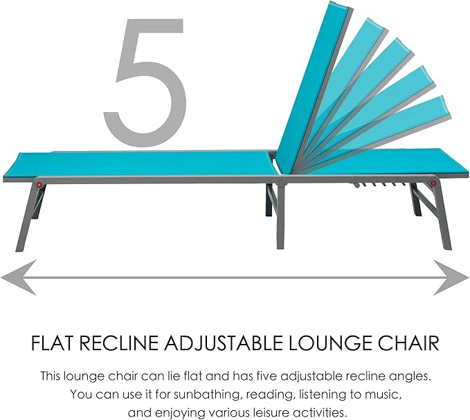 Kozyard 3 Packs Lounge Chair Outdoor Set Foldable Outdoor Lounge Chair with 5 Adjustable Backrest, Patio Lounger, Recliner and Full Flat Chairs for Patio, Beach, Pool (2 Aqua Textilence W/Table)