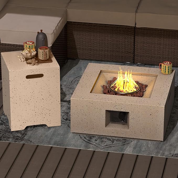 SUNBURY Outdoor 28 Inch Propane Fire Pit Table, 40,000 BTU Spotted White Patio Gas Fire Table Set