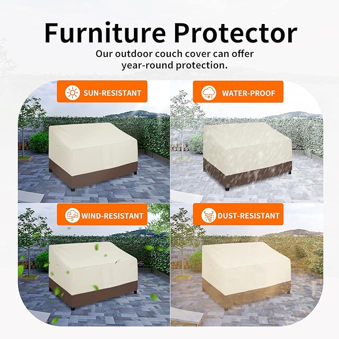 Easy-Going Waterproof Outdoor Loveseat, Heavy Duty Deep 2-Seater Patio Couch, Windproof Furniture with Air Vent (76Wx32.5Dx33H in, Beige/Dark Brown)