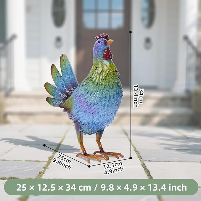 13.4" Metal Blue Chicken Garden Sculptures & Statues for Outdoor Garden Decorations ,Hen Statue for Home Decor, Gradient Impressionist Colors, Handmade Gift for Grandma, Gardener Christmas Holiday