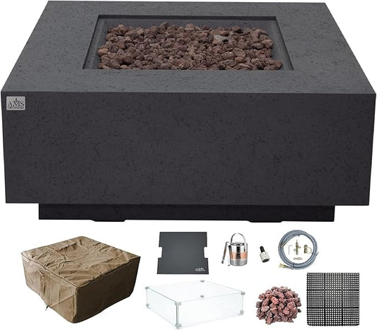 AMS Creations | Brooklyn 40" Bundle Square Natural Gas Outdoor Fire Pit Table | Dark Gray Concrete GFRC | Limestone Texture Surface Fire Pit Table