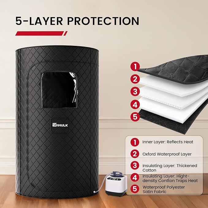 Enhulk Portable Sauna Box for Relaxation, Detoxification, Steam Sauna Tent for Home with 3.0L Steamer, Folding Chair, Remote Control, Doormat, 9 Levels, 3.6' x 3.6' x 5.9', Circular