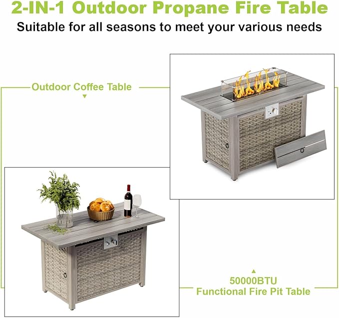 Outdoor Fire Pit Table Propane Gas Fire pits &Outdoor Fireplaces 43″ Rectangular Firepit Table, 50,000 BTU Fire Table for Patio Set, Sand