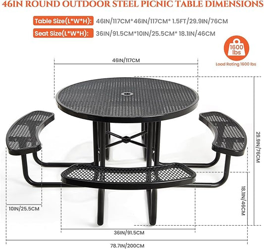 46" Round Top Outdoor Picnic Table Set for Up to 8 Persons, Outside Table Set with 4 Built-in Benches, Metal Commercial-Grade Dining Furniture with Umbrella Hole for Garden, Backyard, Porch, Patio