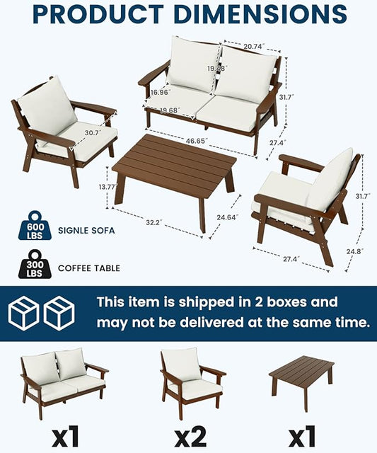 FOOWIN 4-Piece Patio Furniture Set, HDPE All-Weather Outdoor Conversation Set with Thick Cushions, Sectional Patio Sofa Furniture for Deck, Porch, Lawn, Garden, Brown Frame & White Cushion