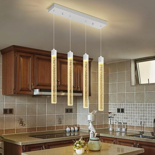 4-Lights Silver Modern Crystal Chandeliers for Dining Room Dimmable LED Adjustable Height Hanging Pendant Light for Kitchen Island,Bedroom,Over Table,Living Room