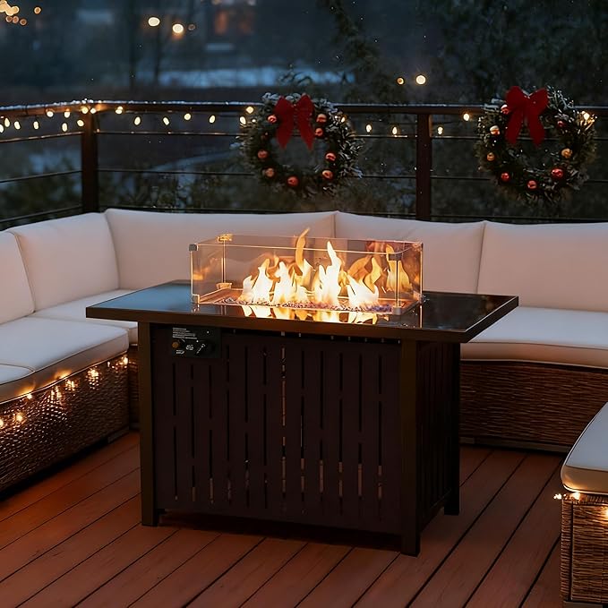 43 Inch Outdoor Propane Fire Pit Table 50,000 BTU, Rectangle Gas Fire Pit with Glass Wind Guard & Tempered Glass Top for Outside Patio & Backyard, Includes Rain Cover & Glass Beads