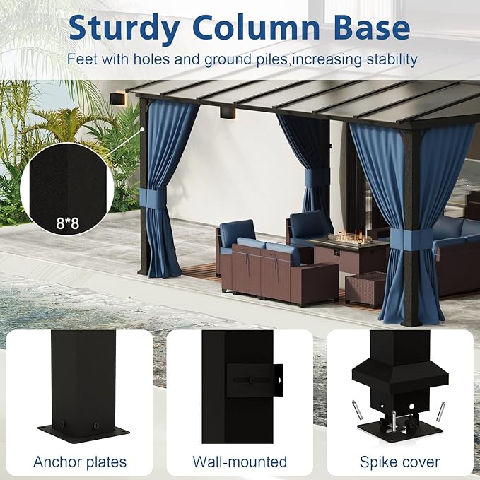 ASJMR 10x14FT Wall Mounted Gazebo Hardtop,Outdoor Wall-Mounted Patio Pergola Metal Frame Double Curtains Gazebo with Sloping Sun Panel Roof for Patio,Garden,Lawn,Pool,Backyard Deck, Navy