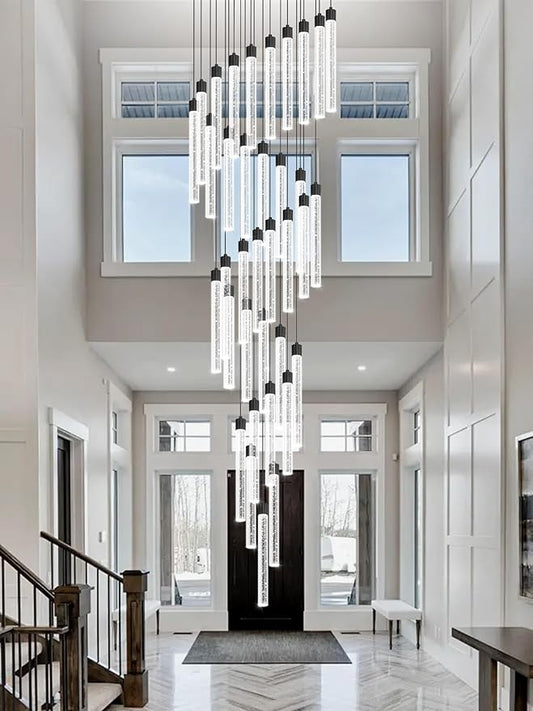 200'' Long Crystal Column Chandelier Black 36-Light Extra Large Staircase Chandelier High Ceiling Dimmable LED Ceiling Lighting Foyer Entryway Light Source is Replaceable