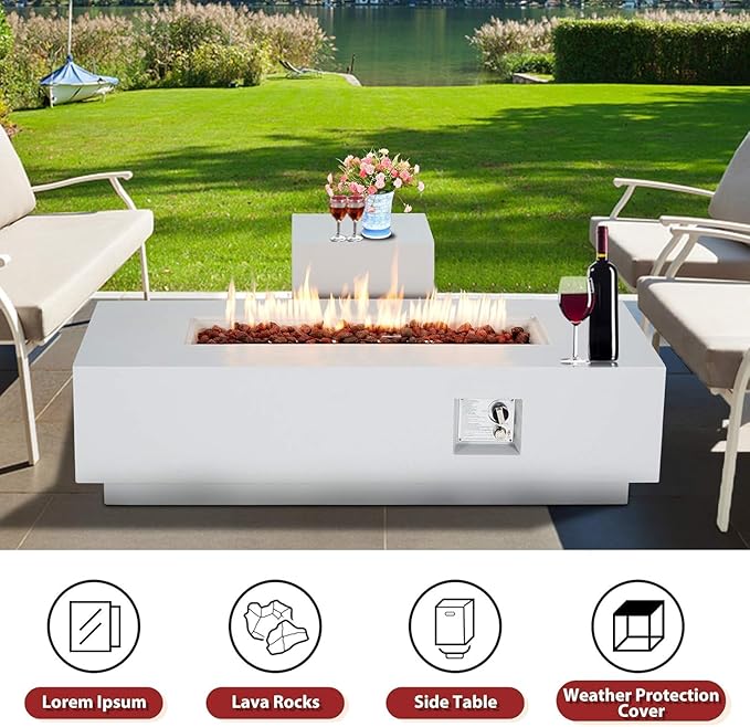 ECOTOUGE 2-Piece Propane Fire Pit Table, Outdoor Gas Fire Pit Set w/Tank Cover,56'' Auto-Ignition Steel Fire Table, 50,000 BTU Rectangle Concrete Fire Pit w/Weather-Resistant Pit Cover,White
