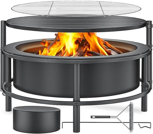 Fire Pits for Outside Wood Burning, 52" Large Outdoor Fire Pit Stove with Roating Table and BBQ Grill, Cold Finished Steel Round Firepit Bowl with Poker, Waterproof Cover, Grill Brush