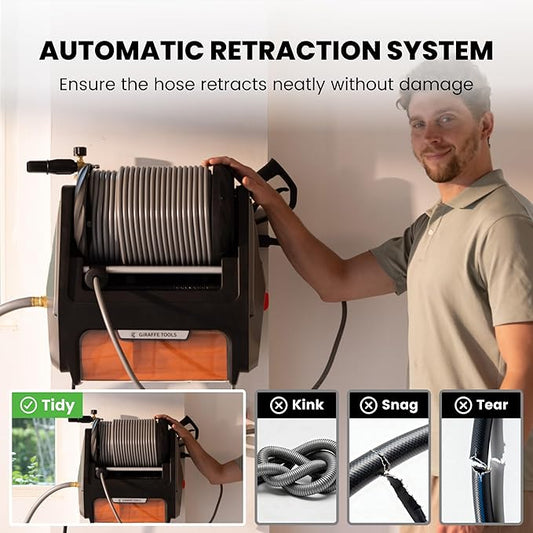 Giraffe Tools Wall Mounted Pressure Washer Pro with Upgraded 1800W Motor, Max 2900 PSI, 2.2 GPM Electric Power Washer with 100ft Retractable Pressure Hose, Automatic Rewind
