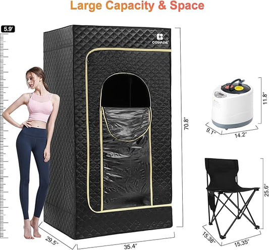 COSVALVE Portable Sauna Box for Home Sauna Steamer with 4L Large Steam Pot, 1600W Fast Heating Full Size Personal Sauna, 16 Levels, Remote Control, Foldable Chair, 2.9' x 2.5' x 5.9'