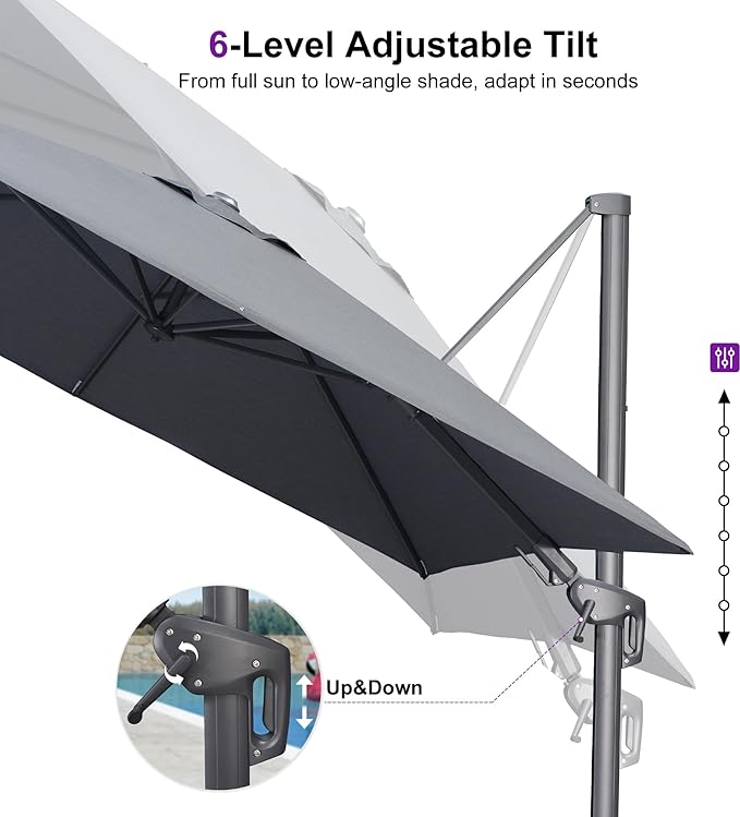 PURPLE LEAF 8' X 10' Left-right Tilting Outdoor Patio Umbrella Swivel Offset Cantilever Heavy Duty Rectangle Aluminu Umbrella with UV Resistant for Deck Pool Patio Backyard, Graphite Grey