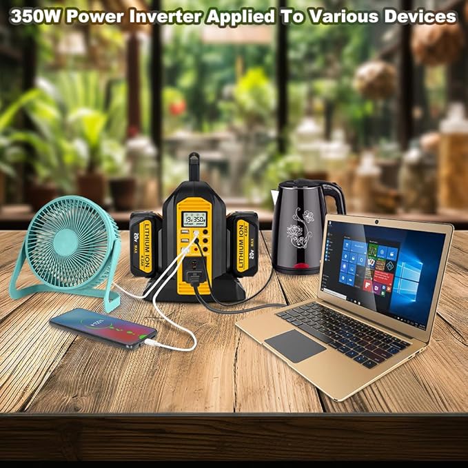 350W Pure Sine Wave Power Inverter for DeWalt 20V & 60V MAX Batteries, Dual-Battery Ports DC 20V/60V to AC 110–120V Inverter with LED Light, AC Outlet, USB-A, Type-C & DC Port (Tool Only)