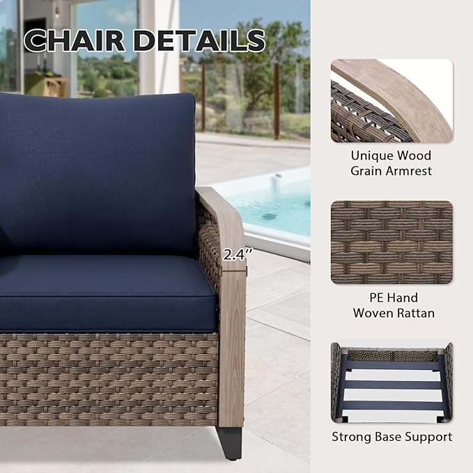 EAGLE PEAK Modern Wicker Outdoor Patio Furniture Set, Patio Conversation Set, a 3-Seat Loveseat and 2 Ottomans, 3 Pieces, Brown/Blue