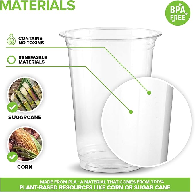 Stock Your Home16 oz Clear Commercially Compostable Cold Cups (100 Pack), Eco Party Cup, Environmentally Friendly Disposable Sustainable for Water, Wine, Beer Sample