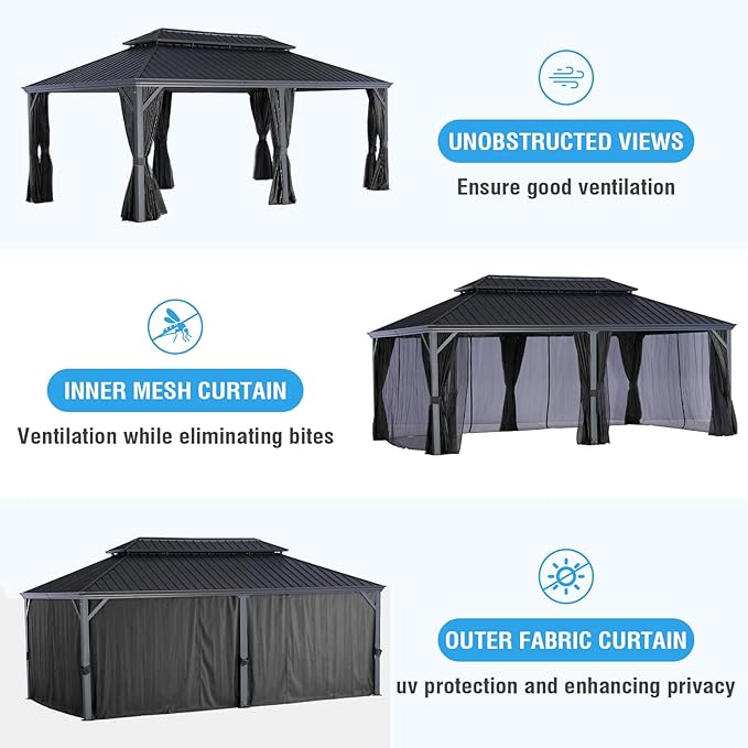 LeDoasis Blazar 12' X 20' Hardtop Gazebo Outdoor with Netting & Curtain, Aluminum Canopy with Permanent Galvanized Steel Double Roof for Patio Lawn and Garden