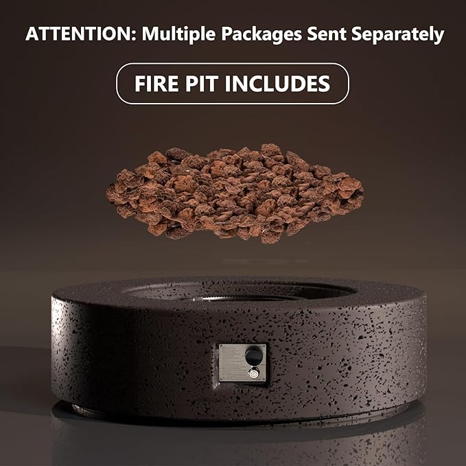 SUNBURY 42 inches Round Propane Outdoor Fire Pit, Gas Patio Fire Table 50,000 BTU Concrete Travertine Design, Circular Base Firepit with Lava Rocks, Waterproof Cover (Brown)