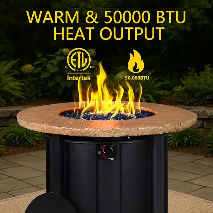 30 Inch Round Propane Fire Pit Table,50000 BTU Outdoor Fire Pit with Automatic Ignition & Lid Cover,Portable Iron Steel Firepit for Patio,Deck,Backyard Garden w Glass Stones & Rain Cover