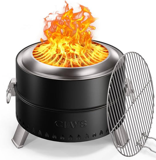 Ciays Smokeless Firepit, 21 Inch Fire Pit for Camping with Patented Technology, Portable Fire Pit for Outside with Steel Grill Rack, Fire Poker, and Bag, Easy Setup and Storage, Wood Burning (Black)