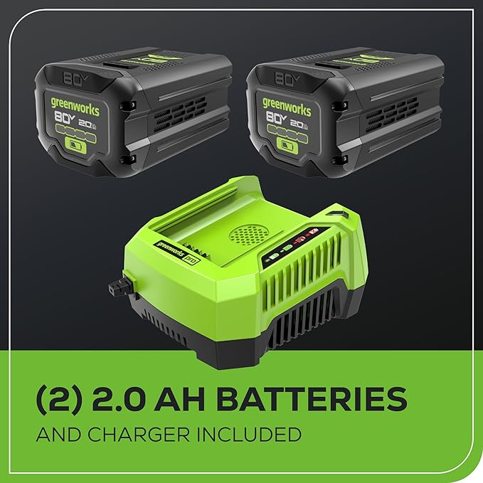 Greenworks 80V 21” Brushless (Push) Cordless Electric Lawn Mower + (500 CFM) Axial Leaf Blower + 13” String Trimmer (75+ Compatible Tools), (2) 2.0Ah Batteries and 30 Minute Rapid Charger