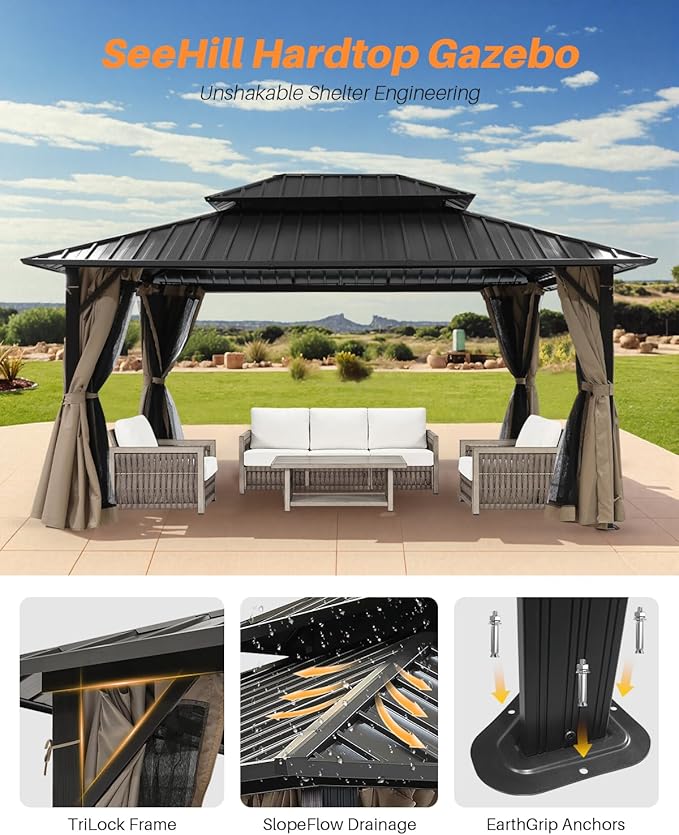 SEEHILL 10' x 12' Hardtop Gazebo, Aluminum Frame Outdoor Patio Gazebo with Netting and Curtains, Outdoor Hardtop Gazebos, Patio Pergolas with Double Metal Roofs for Backyard, Patio, Deck, Sandstone