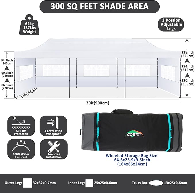COBIZI 10x30 Pop Up Canopy with 8 Sidewall,Heavy Duty UPF 50+ All Season Wind Waterproof Commercial Outdoor Wedding Party Tents for Parties Canopy Gazebo with Roller Bag(10 x 30 ft White)