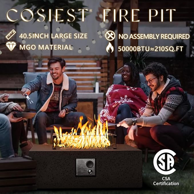 COSIEST Outdoor Propane Fire Pit Coffee Table w Square Faux Stone 35-inch Base, Certified, 50,000 BTU Stainless Steel Burner, Free Lava Rocks and Rain Cover, Wind Guard, Tank Cover, Brown
