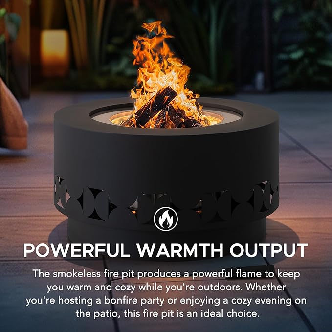 SUNJOY 28 in Round Smokeless Fire Pit with Removable Ash Pan, Outdoor Portable Circular Geometric Wood Burning Fireplace with PVC Cover and Fire Poker,Ideal for Camping, Bonfire, and Backyard, Black