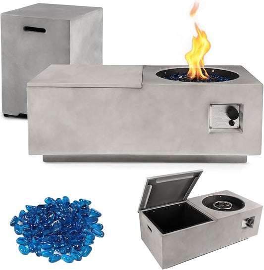 42inch Rectangular Propane Fire Pit with Tank Cover, 40,000 BTU Outdoor Concrete Fire Table with Storage Gas Fire Pits for Outside Patio - Lid, Rain Cover, Blue Glass