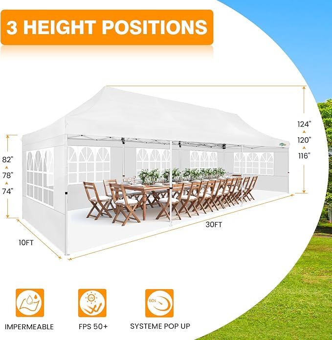 COBIZI 10x30 Pop up Canopy with Wheeled Bag & 8 Removable Sidewalls, Outdoor Canopy Waterproof Commercial Tents for Parties Wedding, with Upgrade Raised Top Cover Roller Bag, with 4 Sandbags(White)