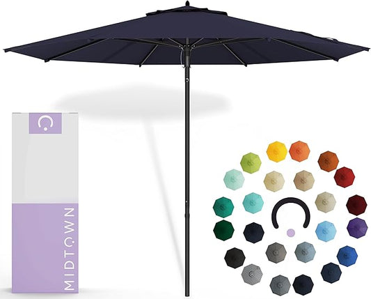Midtown Umbrellas Push Pop Sunbrella Umbrella 10 Feet Large Outdoor Umbrella With Canvas Navy Fabric - Deck Patio Umbrella, Backyard Umbrella, Garden Umbrella & Pool Umbrella - Black Pole